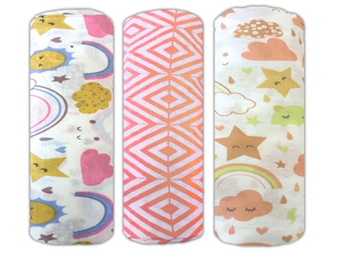 Image of Trance Home Linen Super Soft 100% Cotton Large Malmal Swaddle Cloth | New Born Baby Blanket | Baby Swaddle Wrap (Large, 145 x 145 cm, Stars & Clouds) - Pack of 3 pcs