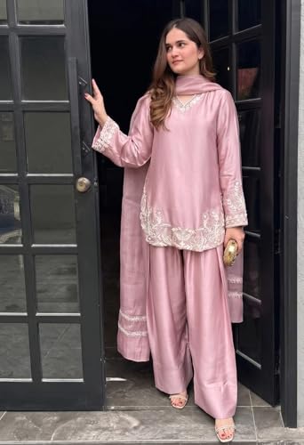 Image of Durwa wondermart Women Silk Crepe Embroidery Work full sleeve v neck with Patiala Gharara with net fabric dupatta set for women