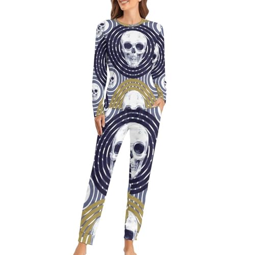 Pyjama femme avec t-shirt manches longues et pantalon à motif crâne circulaire