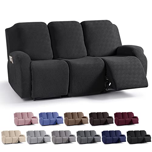 KinCam Recliner Covers, Stretch Reclining Chair Covers, Recliner Sofa Slipcovers Stripe Jacquard Recliner Couch Covers Furniture Protector Covers for Pet Kid (3 Seater, Black)