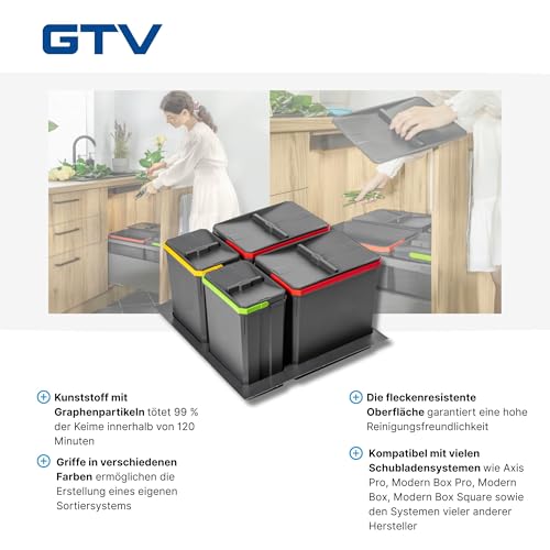 GTV - Abfallsammler Set AxiSpace, für Schubladen und Schränke mit Breite 600 mm, Set Besteht aus Behältern 2x 15L, 2x 7L, Mülleimer aus Kunststoff mit Graphenpartikeln, Farbe Anthrazit