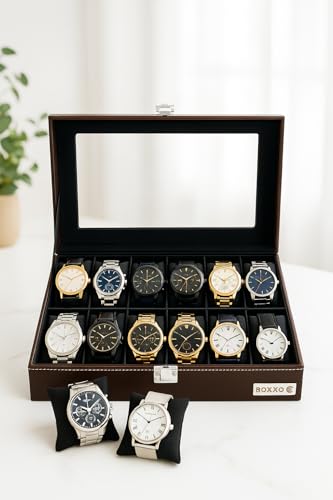 Image of BOXXO 12 Slot Watch Organizer Box for Men & Women - Premium PU Leather Watch Case, Soft Velvet Cushions & Glass Lid Display, Elegant Storage Box - 34x20x8 cm (Brown & Black (Transparent), 12 Slots)