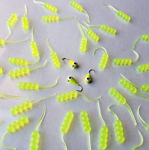 Tungsten Ice Jigs 4 Pack With Scented Waxie Plastics – Chartreuse Glow In The Dark ( 0.95 Grams / Hook 14 ) #TOP3