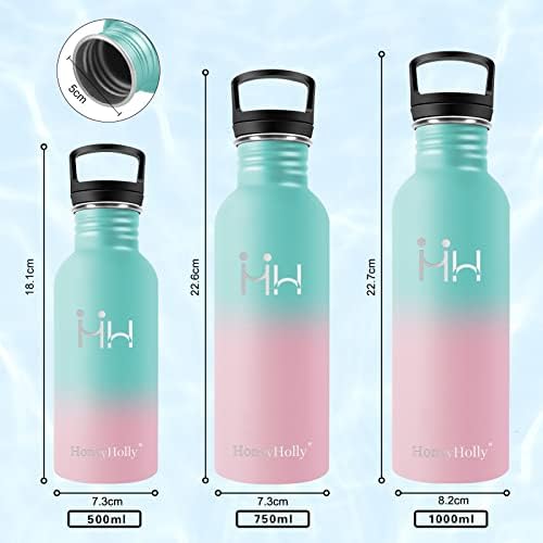 HoneyHolly Single Wall Stainless Steel Water Bottle - Metal Water Bottle, 750ML, Non Insulated Sports Bottle with Straw & Filter, BPA Free Reusable Drinks Bottle for School, Camping, Kids - 2 Lids