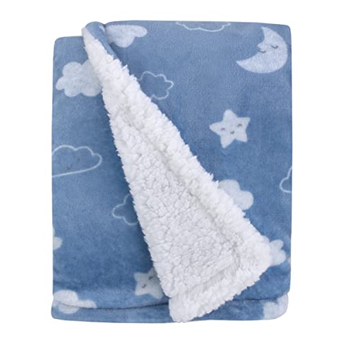 Image of Carter's Blue Elephant - Chambray, and White Clouds, Moon and Stars Super Soft Sherpa Baby Blanket