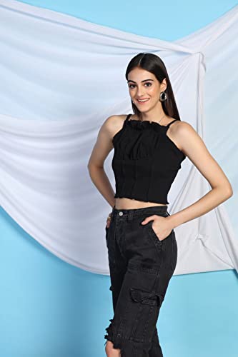 Image of Leriya Fashion Women's & Girls' Solid Square Neck Ribbed /Knitted Sleeveless Stretchable Slim Fit Crop Tank Top