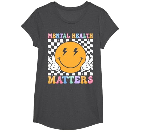 Retro Mental Health Matters Human Brain Illness Awareness T-Shirt, Girls, Dark Heather Grey, Medium