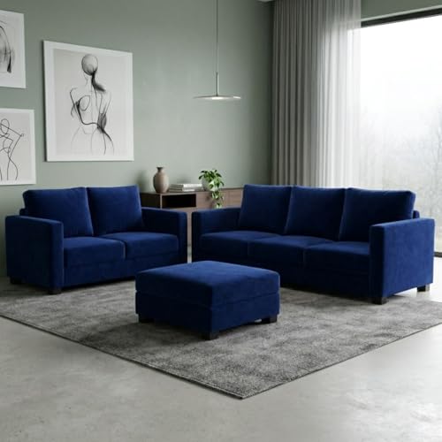 Image of FURNY Haster 3 Seater + 2 Seater Fabric Sofa Set with 1 Ottoman (Dark Blue) with Velvet Finish | Durable Comfort | Ideal for Living Room