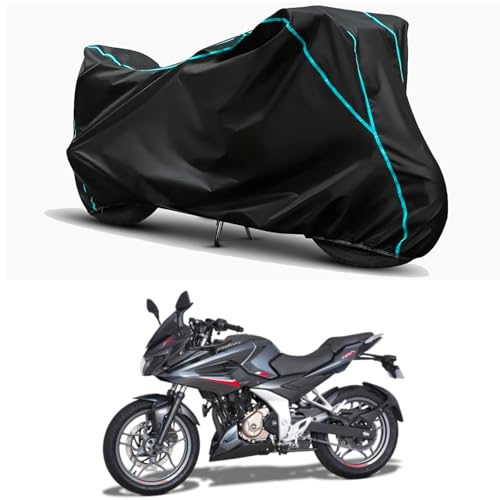 Image of Waterproof Bike Body Cover Compatible for | Bajaj Pulsar F250 STD | Taffeta Fabric, Sky Piping Design, Bottom Elastic Fit | Dustproof, Sun UV & Rain Protection for All Weather.