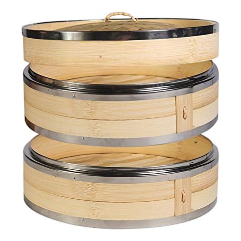 Hcooker 2 Tier Kitchen Bamboo Steamer with Double Stainless Steel Banding for Asian Cooking Buns Dumplings Vegetables Fish Rice Cover