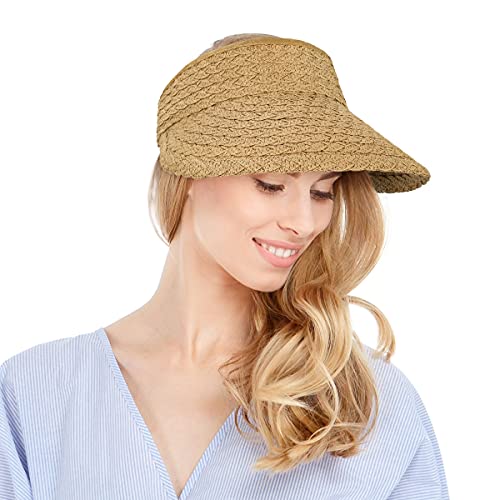 Wmcaps Straw Beach Hat for Summer, Ladies Rollable Sun Visor Hats with Wide Brim, Fashion Stylish Ponytail Travel Outdoor Sunhats Gifts for Women Adjustable Beachhat(Brown)