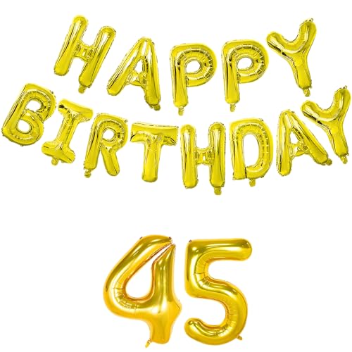 Image of Flyloons 45th Golden Colour Happy Birthday Foil Balloon Banner Set for 45 Year Old Boys Girls Men Women| with Number Forty-five| 13 Letters Reusable Happy Birthday Metallic Foil Balloon Decoration Kit