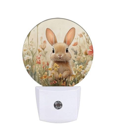 COSHARKLY Cute Rabbit Night Light Spring Wildflowers Plug-in Night Lights with Dusk-to-Dawn Sensor for Bedroom Bathroom and Living Room Sleep Friendly Rabbit