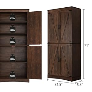 71in Farmhouse Kitchen Pantry CabinetTall Storage Cabinet with 4 Doors and Adjustable shelveswith Load Bearing Steel PipeWood Storage Cabinets for KitchenDining RoomBathroomBrown