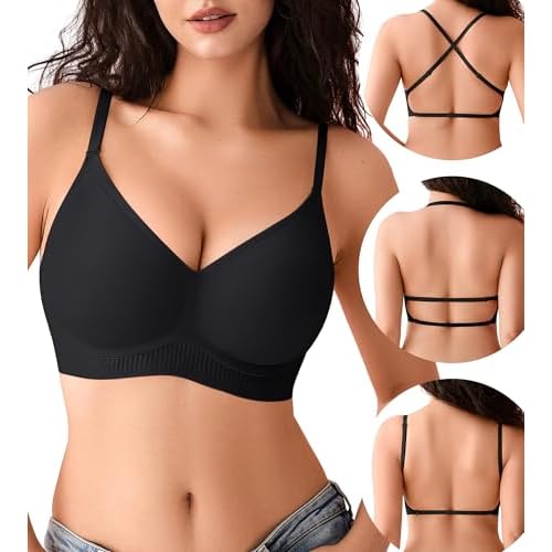 DEANGELMON Seamless Low Back Bra for Women Wireless Jelly Backless Bra Womens Deep V Padded Bralette Convertible Bras Black Medium