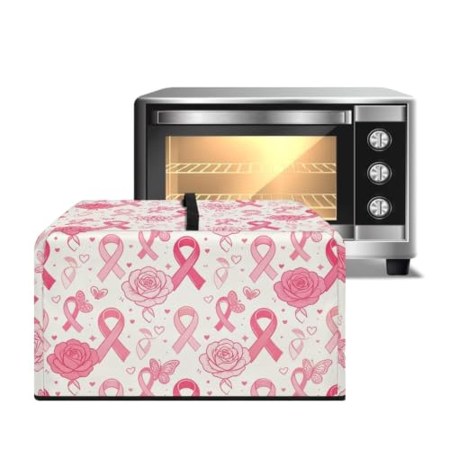 Image of Dustproof Microwave Oven Cover Breast Cancer Awareness Toaster Oven Cover Protector for Kitchen Countertop, L, Pink Ribbon Rose Butterfly Cream White