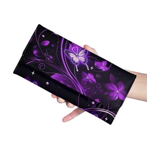 Image of AFPANQZ Womens Wallets, Leather Trifold Multi Card Holder Slots Wallet, Purple Butterfly Print Elegant Clutch Phone Holder Trifold Purses Zip Coins Pocket, Buckle Closure Clutch