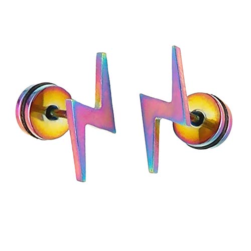 Lightning Bolt Earrings Unique Rainbow Plated Stainless Steel Screw Flat Back Stud Earrings For Women Men #TOP4