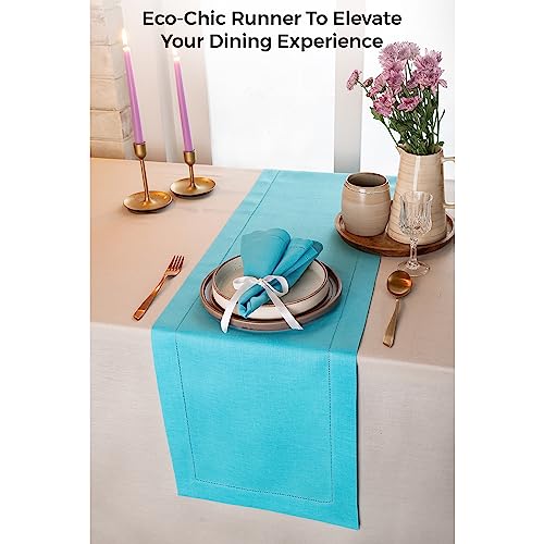 D'moksha Blue Table Runner 14 X 84 Inch, 100% Pure Linen Hemstitch Table Runner 84 Inches Long, Perfect For Christmas, Thanksgiving, Wedding, Party, Outdoor, Easy Care Machine Washable #TOP1