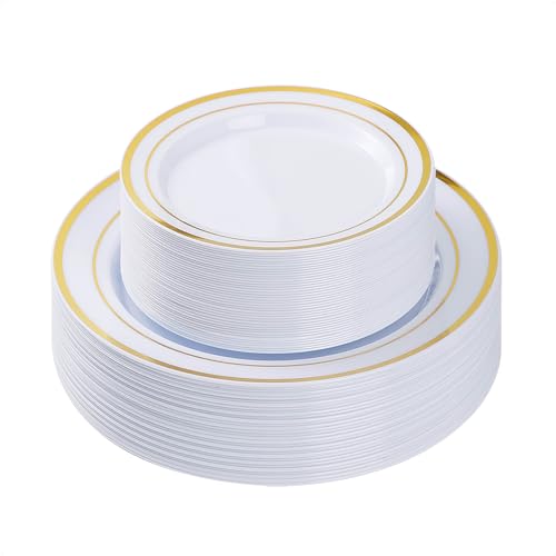 Goodluck 50PCS Gold Plastic Plates for 25 Guests Reusable Gold Plates with 25 Dinner Plates and 25 Dessert Plates for Party Holiday Wedding Thanksgiving Christmas