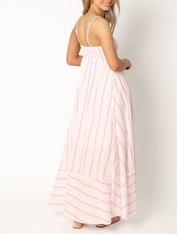 Image of Women Striped Maxi Dress Smocked Backless Spaghetti Strap Long Flowy Dress Sleeveless Boho Aline Sundress