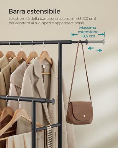 SONGMICS Stand Appendiabiti Doppio con Ruote, Attaccapanni Estensibile in Metallo, Portata Totale 80 kg, Larghezza 83-120 cm, Nero Inchiostro HSR133B01 - Immagine 2