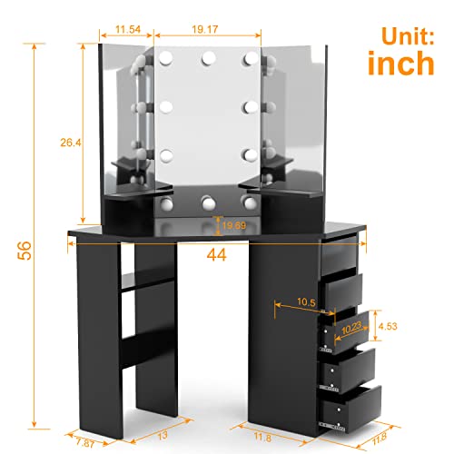 Likein Corner Vanity Desk, Makeup Vanity Desk With Mirror, Girls Vanity Lighted Mirror And Table Set With 5 Drawers, Dressing Table For Bedroom, Modern Black 3 Color Dimmable Light Mirror Desk 44 Inch #TOP4