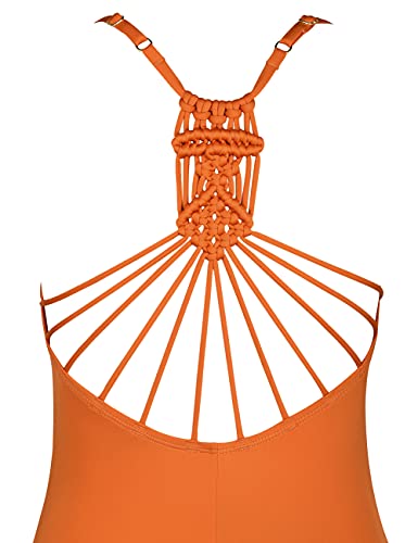 Hilor Women's Shirred Halter One Piece Swimsuits Macrame Back Swimwear Solid Bathing Suits Tangy Orange 12 #TOP3
