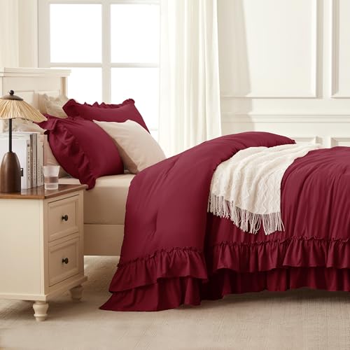 Image of Andency Burgundy Twin Size Comforter Set(66x90Inch), 2 Pieces(1 Ruffle Comforter and 1 Pillowcase) Lightweight Fluffy Bedding Comforter Sets for Teenagers, All Season Soft Polyester Bedding Set