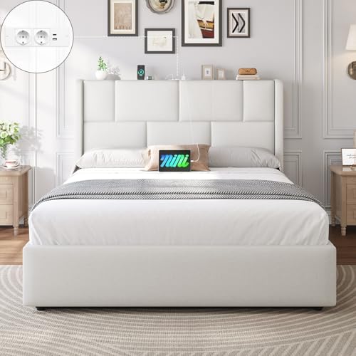 Polsterbett 140x200 cm mit hydraulischem Bettkasten und höhenverstellbarem Kopfteil, Ladestation (2 AC-Steckdosen, 1 USB-A, 1 USB-C Anschluss) Bett 140x200 mit Stauraum, Doppelbett Jugendbett, Weiß