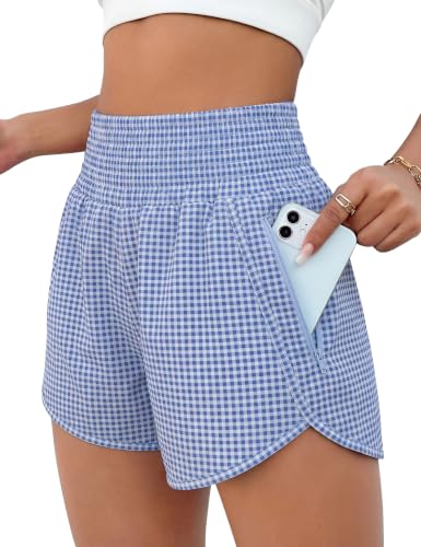 BMJL Womens Athletic Shorts High Waisted Running Short Pocket 2.5 Sporty Shorts Gym Elastic Workout Shorts(M Blue Plaid)