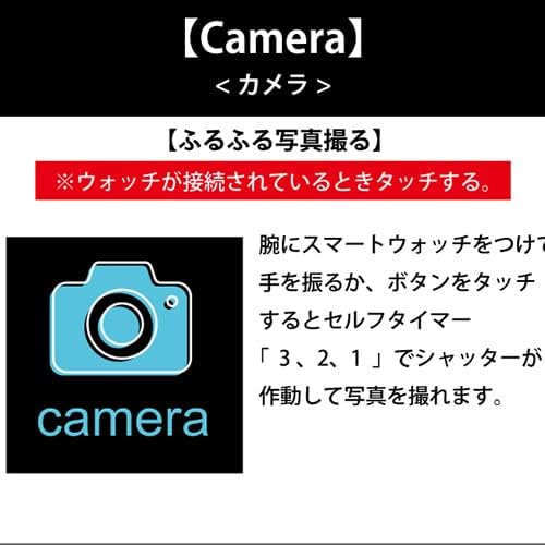 Screen display for the camera remote function, showing a camera icon and instructions on how to use the smartwatch to trigger a phone's camera.