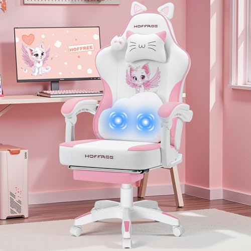 HOFFREE Pink Gaming Chair with Cat Ears and Cloud...