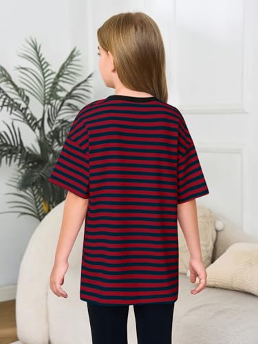 Image of Haloumoning Girls Striped Short Sleeve T Shirts Kids Summer Oversized Tops Casual Crewneck Tees 5-14 Years