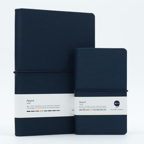 Image of Comma Regina Combo | A5 Size Hard Bound Notebook & A6 Size Hard Bound Pocket Notebook with a Horizontal Elastic Band Closure | 192 Pages | 80gsm Natural Shade Paper | Linen Fabric Cover Material - Navy Blue