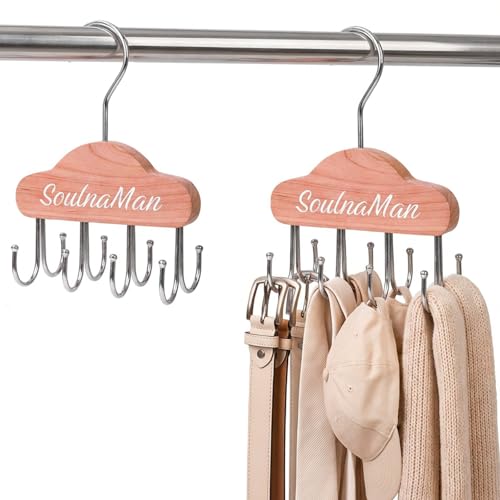 SOULNAMAN Cedar Wooden Belt Hanger,Belt Organizer,2 PCS Belt Hanger for Closet,Tie Organizer for Men with 8 Hooks,Tie Rack for Belt, Bra, Tank Top, Tie, Hat, Purse