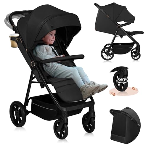 LIONELO Passeggino compatto e laggero MIRA per bambini da 6 mesi a 4 anni/ 22 kg, Ruote girevoli a 360° Sospensione completa, Schienale e Poggiapiedi regolabili, Capottina XXL UPF50+, Ampio cestino