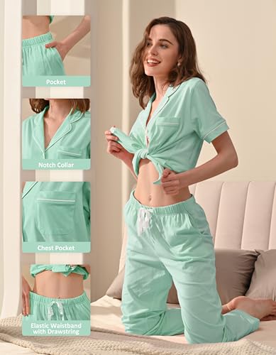 Image of NAP BOUND 100% Cotton Women Pajama Sets Button Down Short Sleeve Sleepwear Soft Pjs 2 Piece Lounge Set with Pocket XS-XXL