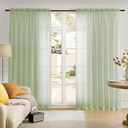 Image of MYSTIC-HOME Extra Wide Sheer Curtains Green 84 Inches Long, Window Treatments Rod Pocket Drapes for Living Room, Bedroom, 108 in Width Semi Sheer Curtains for Yard, Villa, Parlor, 108 inchx 84 inch, 2 Panels
