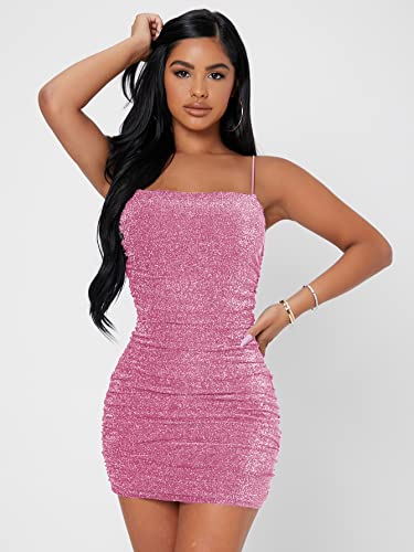 Floerns Women's Glitter Sleeveless Ruched Party Clubwear Bodycon Mini Dress Pink Petite S #TOP4