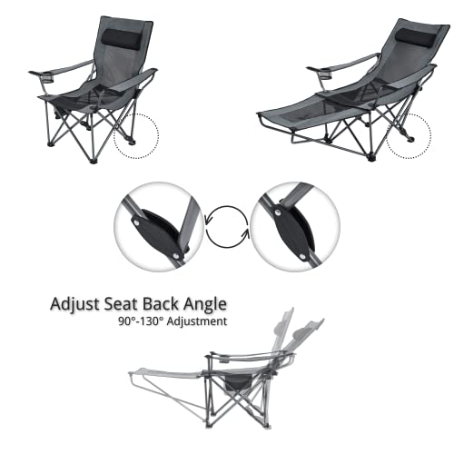 Suntime Adjustable Reclining Lounge Mesh Chair, Portable Folding Camping Chair With Removable Footrest, Sponge Pillow, Cup Holder, Side Pocket, Carry Bag - Gray #TOP1