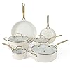 Martha stewart lockton premium nonstick pfa free ceramic interior 10 piece heavy gauge enamel aluminum pots and pans cookware set linen white wgold handle  urban country home decor