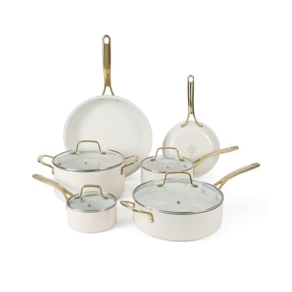 Martha stewart lockton premium nonstick pfa free ceramic interior 10 piece heavy gauge enamel aluminum pots and pans cookware set linen white wgold handle  urban country home decor