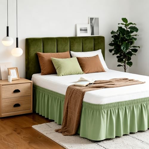 Vocander Sage Green King Bed Skirt 14 Inch Drop, Elastic Wrap Dust Ruffle