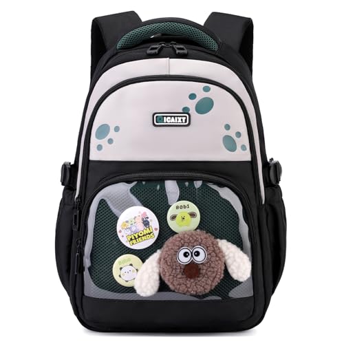 Amythe Schultasche Jungen, Schulranzen für Jungen 1. - 3. Klasse, Atmungsaktiv Kinderrucksack, Großer Rucksack Kindergarten Jungen Mit Süßen Puppen und Abzeichen,Schwarz