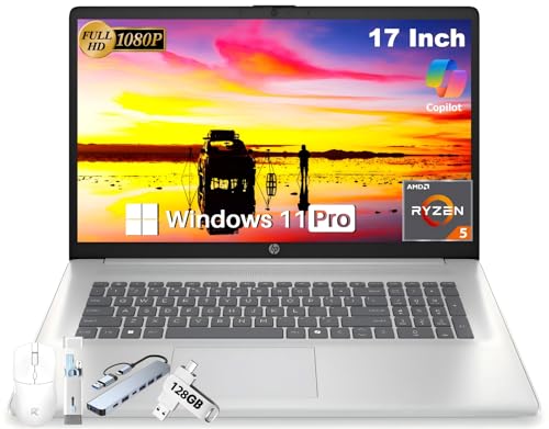 Image of HP 17 Inch Business Laptop for Work & Students, 17.3" FHD IPS Anti-Glare Display, AMD Ryzen 5 7430U Up to 4.3 GHz, 16 GB RAM, 512 GB SSD, Wi-Fi 6, Bluetooth 5.4, Copilot AI, Windows 11 Pro, Silver