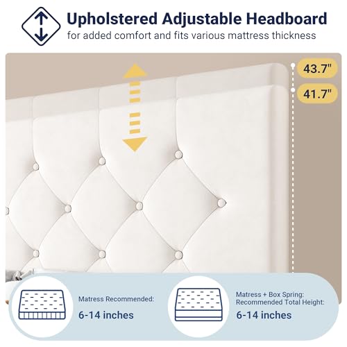 Image of Allewie Upholstered Full Size Platform Bed Frame with 4 Storage Drawers and Adjustable Headboard, Diamond Button Tufted, Wooden Slats Support, Noise-Free, No Box Spring Needed, Easy Assembly, White