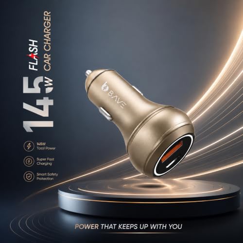 Image of BAVE 145W Flash Charge 100W Supervooc +45W Pd /Pps Car Charger, Bis Certified, Dual Port Fast Smart Car Charger, Compatible with Smartphones, Laptops, USB Devices +USB C Cable (Beige)