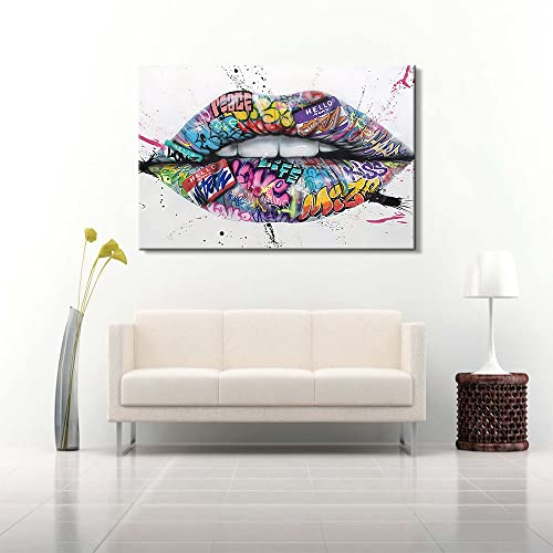 Graffiti Wall Art Graffiti Canvas Wall Art Banksy Wall Art Pop Art Colorful Wall Art Lips Decor Couples Bedroom Decor Street Art Canvas Wall Art Lips Wall Art For Couple Bedroom Decor (12''H X 18''W) #TOP4