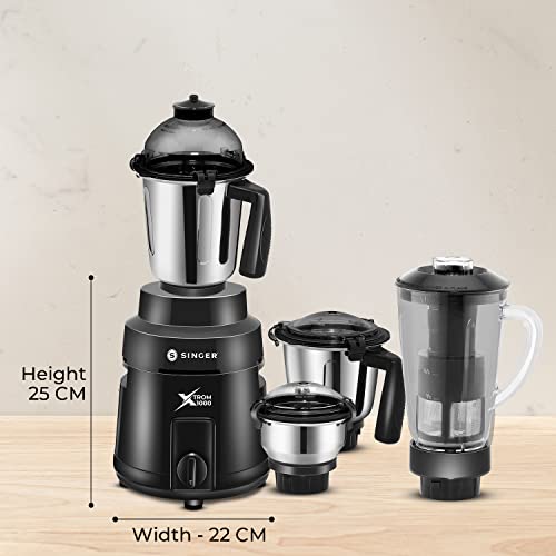 Image of Singer Xtrom Mixer Grinder 1000 Watts 4 Jar includes 3 Stainless Steel Jar, 1 Transparent Jar with Fruit Filter - Black